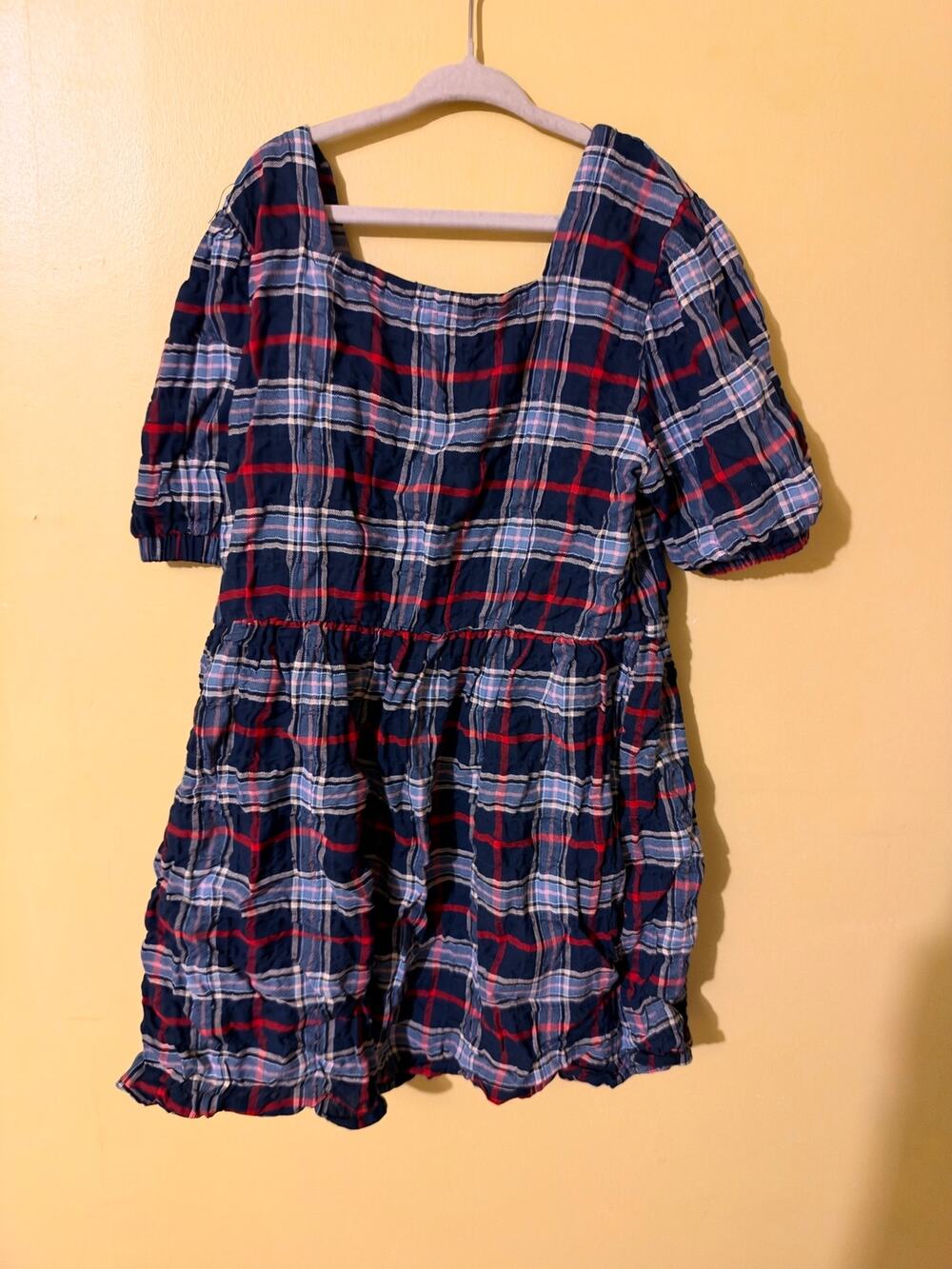 Tommy Hilfiger Girls Navy Blue & Red Plaid Seersucker Puff Sleeve Dress